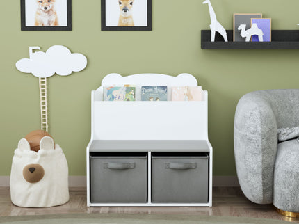 Bookshelf With Storage Bins, Bookcase With Book Display Shelf And 2 Bins, Cute Bear Shaped Backboard, Toy Organizer - White