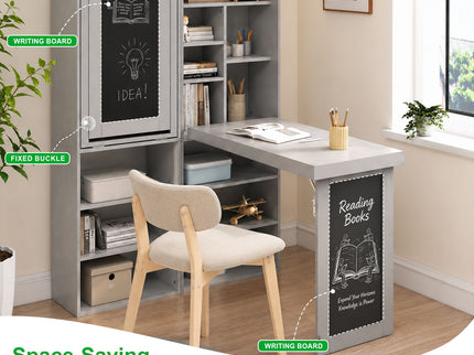 Folding Desk With Storage, Foldable Convertible Writing Table With Blackboard And Shelves For Home Office
