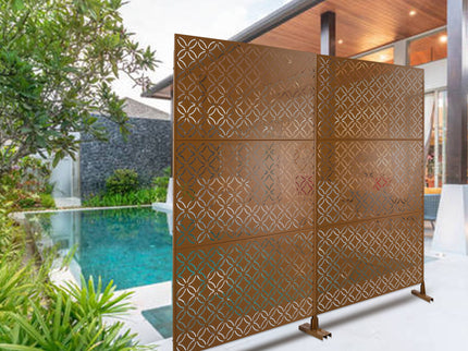 Freestanding Decorative Privacy Screen For Deck Balcony Patio, Metal Privacy - Brown