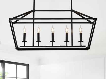 5 Light Farmhouse Kitchen Island Lighting, 5 Light Industrial Linear Chandelier For Dining Room Metal Hanging Pendant Light Fixture For Bedroom Living Room Hallway Conference Room - Matte Black