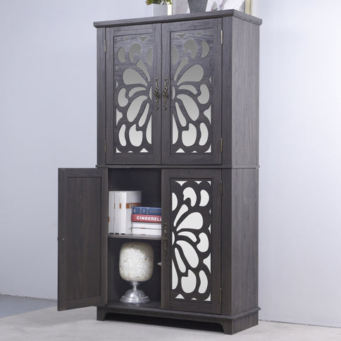 Modern Sideboard Buffet With 4 Mirrored Doors, Adjustable Shelves