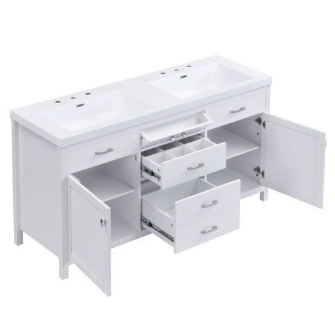 Double Sink Bathroom Vanity With Top, Soft Closing Doors & Drawers, Tip Out Drawer, 2 Cabinet Doors, Adjustable Shelf - White
