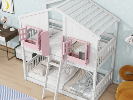 House Bunk Bed With Roof, Window, Window Box, Door, With Safety Guardrails And Ladder