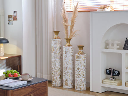 Floor Metal Vases Decorated Metal Vases (Set of 3) Gorgeous Home Decoration Large Glazed Metal Vases - White / Gold