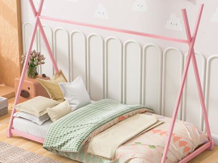 Metal House Platform Bed With Triangle Structure, Low Profile Design