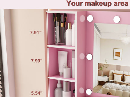Vanity Table With Mirror, Adjustable LED Lights, Power Outlet, Hairdryer Holder & Stool