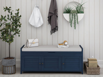 Storage Bench With 3 Shutter-Shaped Doors, Shoe Bench With Removable Cushion And Hidden Storage Space