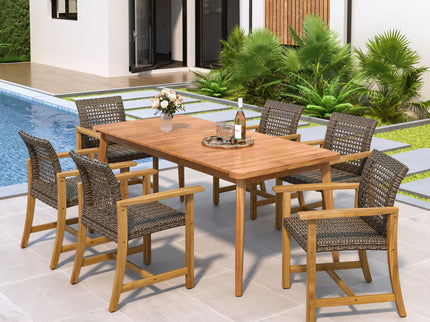 7 Piece Patio Dining Set, Slatted Table & 6 Chairs For Patio Garden - Mocha / Teak