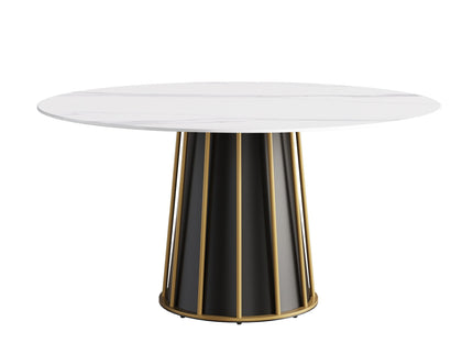 59.05" Modern Artificial Stone Round Panel Metal Iron Base Dining Table, Can Accommodate 8 People, (Not Including Chairs) - White / Black