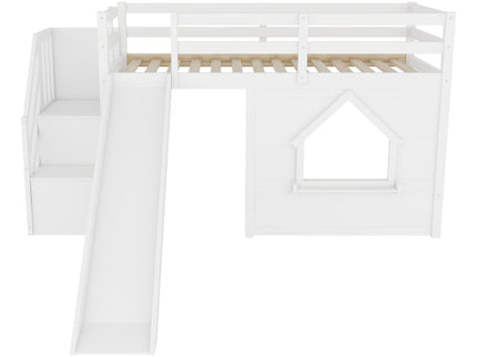 Loft Bed With Storage Stairs, Slide, Playhouse Window And 7 Colors LED Lights