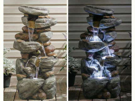 Stacked Rock Waterfall Fountain With LED Lights For Garden - Gray