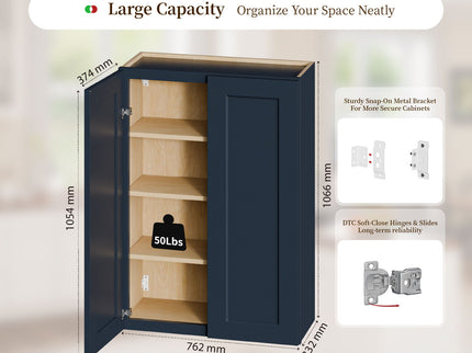 Shaker Wall Cabinet With Soft Close Hinges, Adjustable Shelves, Double Door