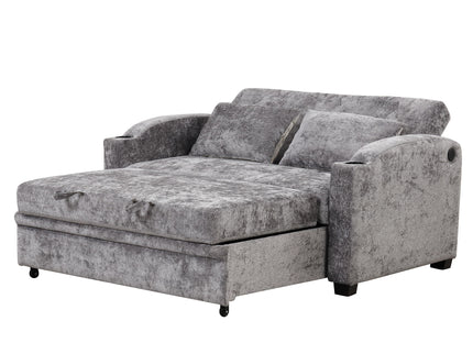 Pull Out Loveseat Sofa With Adjsutable Backrest, 2 Pillows, Cup Holders, USB Ports For Living Room