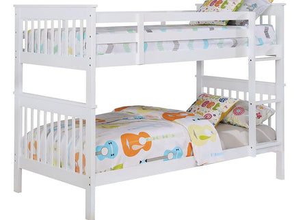Slatted - Headboard Twin / Twin Bunk Bed With Built In Ladder Design - White