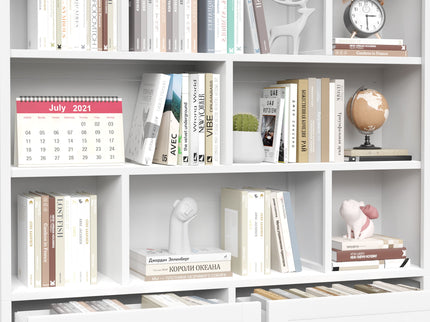 Bookcase Tall With 2 Doors & 2 Drawers, Fixed Open Shelves - White