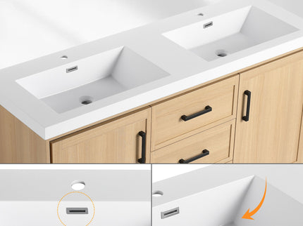 Original 60" Freestanding Bathroom Vanity With Double Resin Sink Plywood Soft Closing Doors & Drawers - Oak