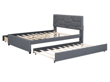Upholstered Platform Bed With Brick Pattern Headboard And Twin Long Size Trundle