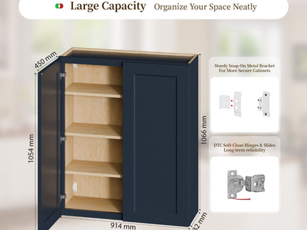 Shaker Wall Cabinet With Soft Close Hinges, Adjustable Shelves, Double Door