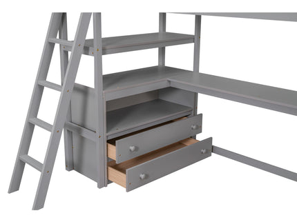 Modern Loft Bed With Built In Desk, Shelves, And 2 Drawers