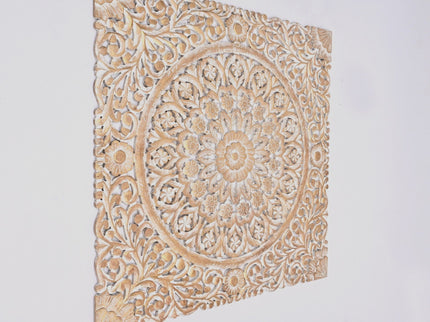 Floral Hand Carved Mandala Square Wall Decor With Spiritual Symbolism - Gold / White