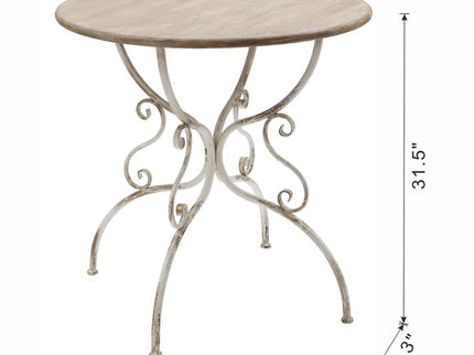 Round Wooden Table With Metal Scrollwork Legs - White Washed