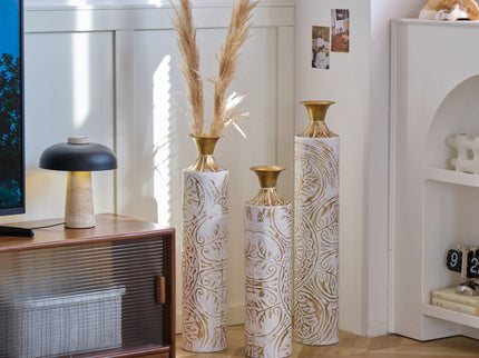 Floor Metal Vases Decorated Metal Vases (Set of 3) Gorgeous Home Decoration Large Glazed Metal Vases - White / Gold