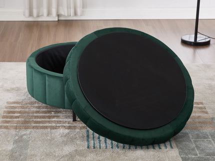 Upholstered Round Ottoman With Reversible Lid, Channel Tufted Pumpkin Shape