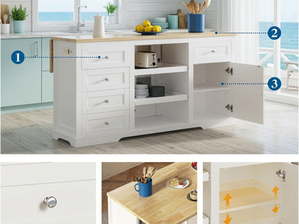 Drop Leaf Kitchen Island With Storage, Power Outlet & Pet Bowl Drawer - White / Light Oak