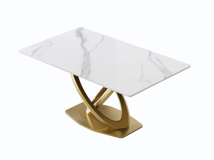 63" Modern Artificial Stone Panel Double-Ring Stainless Steel Metal Legs, Can Accommodate 6-8 People - White / Gold