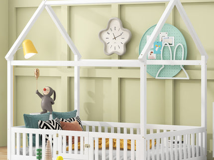 Wood House Bed With Fence And Door