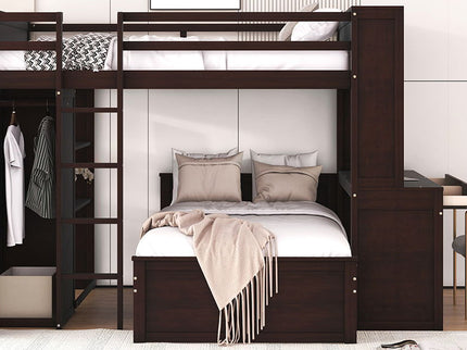 Loft Bed With A Twin Size Standalone Bed, Shelves, Desk, And Wardrobe