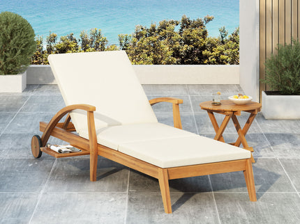 Versatile Chaise Lounge With Wheels Acacia Wood Recliner For Patio - Cream