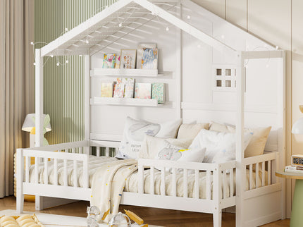 House Bed With Shelves, Window And Sparkling Light Strip On The Roof