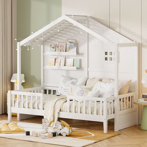 House Bed With Shelves, Window And Sparkling Light Strip On The Roof