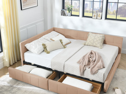 Mid-Century Storage Upholstered Tufted Bed Frame With Backrest And Armrests