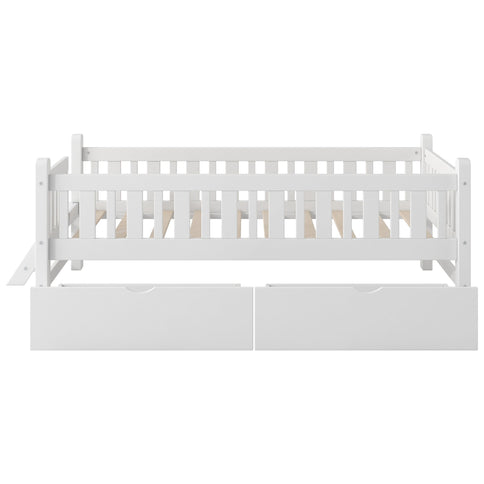 Platform Bed With Guardrail And 2 Drawers