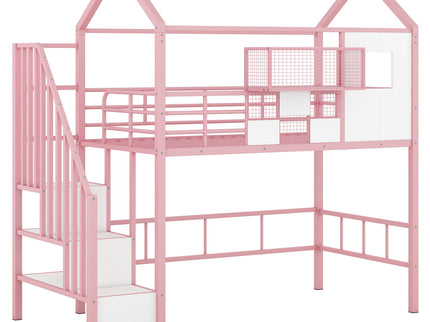 Metal Loft Bed With Roof Design And Storage Box With Guardrails And Integrated Ladder