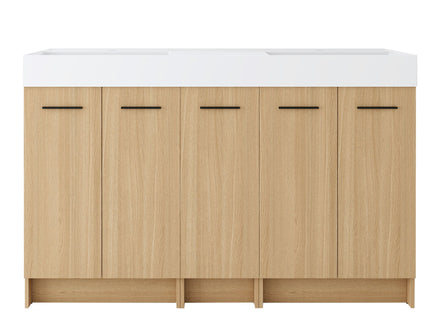 Double Sink Bathroom Vanity With Extra Large Storage, Integrated Sink, Freestanding Cabinet, Soft Close Doors - Glossy White / Light Oak