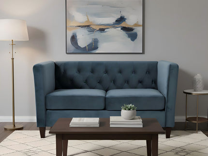 Button Tufted Loveseat, Upholstered 2 Seater With Square Arm For Living Room - Navy Blue