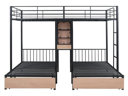 Triple Bunk Bed With Drawers, Multi-Functional Frame With Desks And Shelves In The Middle
