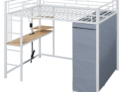 Loft Bed With Desk, Shelves, Power Outlet, LED Light And Wardrobe