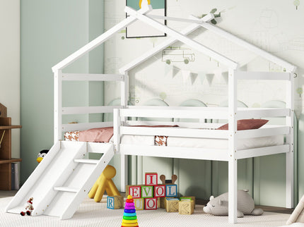 Low Loft House Bed With Slide, Ladder, Safety Guardrails, House Roof Frame