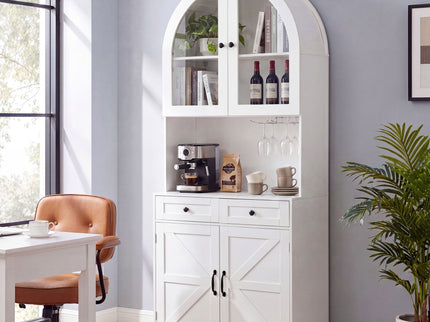 Tall Arched Pantry Cabinet With Charging Station, Adjustable Shelves, Coffee Bar