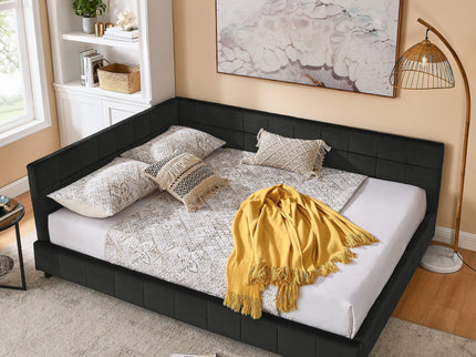 Mid-Century Storage Upholstered Tufted Bed Frame With Backrest And Armrests