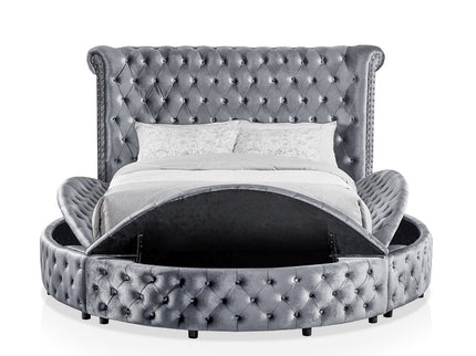 Glam Button Tufted Wingback Round Bed With Storage And USB Ports