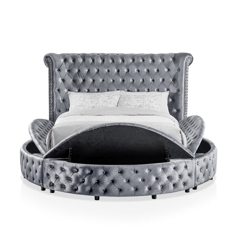 Glam Button Tufted Wingback Round Bed With Storage And USB Ports