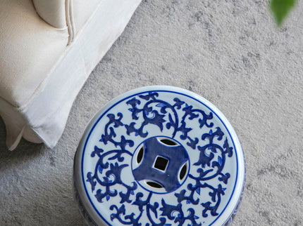 Ceramic Garden Stool, Small Side Tabel - White / Blue