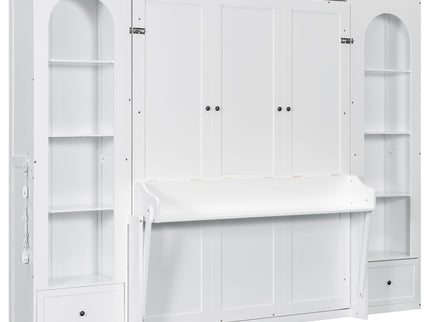 French Style Murphy Platform Bed With Shelf, Side Cabinets, Drawers And LED