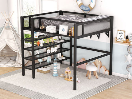 Loft Bed With 4 Tier Shelves And Storage
