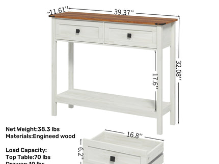 Farmhouse Style Console Table With 2 Drawers And Bottom Storage Shelf